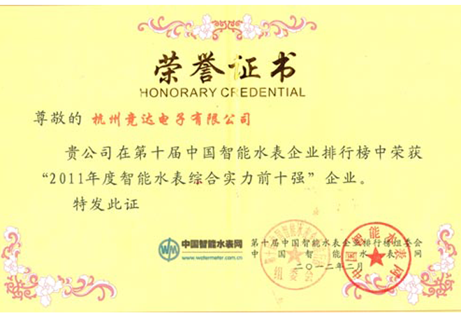 智能水表綜合實(shí)力前十強(qiáng)榮譽(yù)證書